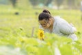 Young girl with down syndrome exploring sunflower with magnifying glass Royalty Free Stock Photo