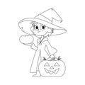 A young girl dressed as a witch is excitedly holding a pumpkin, looking forward to Halloween.Linear style. Royalty Free Stock Photo