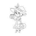 A young girl dressed as a witch happily holds a pumpkin and is excited for Halloween.Linear style. Royalty Free Stock Photo