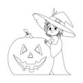 A young girl is dressed like a witch. She is very excited and can't wait for Halloween. She is holding a pumpkin Royalty Free Stock Photo