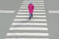 Young girl dressed in pink coat,  blue jeans and hat crosses the road at pedestrian crossing on cold day.  From top view Royalty Free Stock Photo