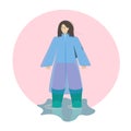 Young girl dressed for a walk in the rain. A woman in a raincoat and rubber boots. Abstract illustration in flat style isolated on