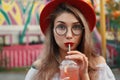 Young girl drinking refreshing lemonade Royalty Free Stock Photo