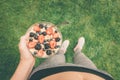 Young girl eating a oatmeal with berries after a workout . Royalty Free Stock Photo