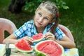 Young girl eating ripe watermelon Royalty Free Stock Photo
