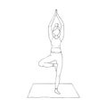 A young girl is engaged in Hatha yoga. stands on one leg. The tree pose. Vrikshasana. Gymnastics, healthy lifestyle. Doodle style
