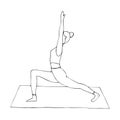 A young girl is engaged in Hatha yoga. The warrior pose. Anjaneyasana. Gymnastics, healthy lifestyle. Doodle style. Black and