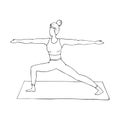 A young girl is engaged in Hatha yoga. The warrior pose. Virabhadrasana Gymnastics, healthy lifestyle. Doodle style. Black and