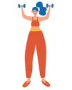 Young girl is engaged in sports with dumbbells, exercises on her hands. Woman Lifts Dumbbells Up. Training for Women. Woman
