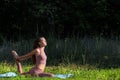 A young girl is engaged in yoga and pilates in nature in the forest on the grass. A woman goes in for sports and fitness on a Royalty Free Stock Photo