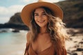 Young girl enjoying a leisurely stroll on the sandy beach, adorned with a stylish sun hat Royalty Free Stock Photo