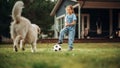 Young Girl Enjoying Time Outside with a Pet Dog, Playing Ball with an Energetic White Golden