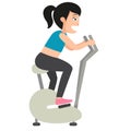 Young girl on exercise bike on white background