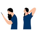 A young girl is experiencing neck pain from improper posture while using the phone. Vector illustration in flat style
