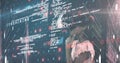 Young girl exploring digital world with virtual reality headset and code overlay
