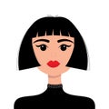 Young girl face. Brunette bob cut hairstyle. Portrait of woman. Beautiful lady, female. Front view. Black hair. Avatar for social