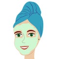 Young girl with face mask and towel on head. Girl doing spa treatments. Spa face mask. Cucumber mask.