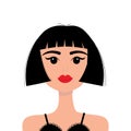 Young girl face. Portrait of woman. Beautiful lady, female. Brunette bob cut hairstyle. Black hair. Red lipstick makeup. Avatar Royalty Free Stock Photo