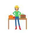 Young girl farmer character in rubber boots and hat selling fresh vegetables Royalty Free Stock Photo