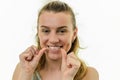 Young girl flossing her teeth Royalty Free Stock Photo