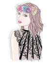 Young girl with flower crown. Fashion illustration.