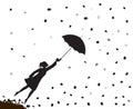 Young girl flying away with an umbrella, autumn wind, shadow