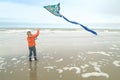 Young girl flying a kite at the coastline Royalty Free Stock Photo