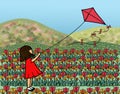 Young Girl Flying Kite Tulip Field Spring Season Royalty Free Stock Photo