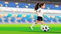 A young girl football player in colors of national germany football team plays with her feet a soccer ball