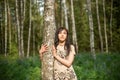 Young girl in a forest park hugging a birch tree and looking at the sun Royalty Free Stock Photo