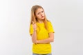 Young girl frowns and looks very dissatisfied, shake forefinger telling no way, scolding or telling off someone, dont give