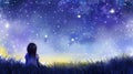 Young girl gazing at a dreamy twilight sky sprinkled with bright stars and light Royalty Free Stock Photo
