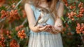 Young girl gently holding small bird, symbolizing care for animals and wildlife protection