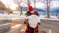 Young girl with giant snowball Royalty Free Stock Photo