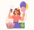 Young girl going birthday party selfie. Cute student, alone happy teenager with smartphone. Streaming or blogging Royalty Free Stock Photo