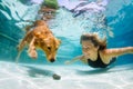 Young girl with golden retriever dog diving in swimming pool