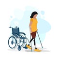 Young girl got up from a wheelchair and is learning to walk on prosthetic legs with crutches Royalty Free Stock Photo