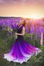 A magical portrait of a young girl in a gradient dress in a purple-pink lupine field at sunset. Royalty Free Stock Photo
