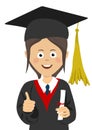 Young girl graduate student in graduation cap and mantle with a university diploma in her hand giving thumbs up Royalty Free Stock Photo