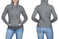 Young girl in gray sweatshirt, hoodies. white background