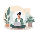 A young girl in a green suit sits with a laptop in her hands. Remotely working outdoors. Flat vector illustration