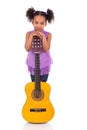 Young girl with guitar on white background Royalty Free Stock Photo