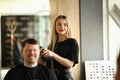 Young Girl Hairstylist Shave Smiling Male Client Royalty Free Stock Photo