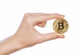 Young girl hand holding bitcoin on white