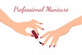 Young girl hands doing manicure with red nail polish. Beauty, body care and nail salon vector concept