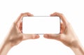 Young girl hands holding black smart phone on white