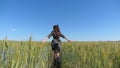 A young girl happily walking in slow motion through a field touching with hand wheat ears. Beautiful carefree woman Royalty Free Stock Photo