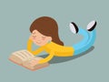 Young girl happy smiling reading book lying on floor Characters Icon Symbol Stylish Isolated cartoon Design Concept Royalty Free Stock Photo