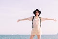 Young girl with hat smiling happy with open arms Royalty Free Stock Photo