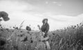 young girl in hat walk in meadow. vacation. sense of freedom. beautiful woman gather red poppy flower bouquet in field